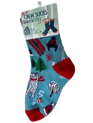 Children's Christmas Socks - Vintage Ski Blue Red-2-4yr