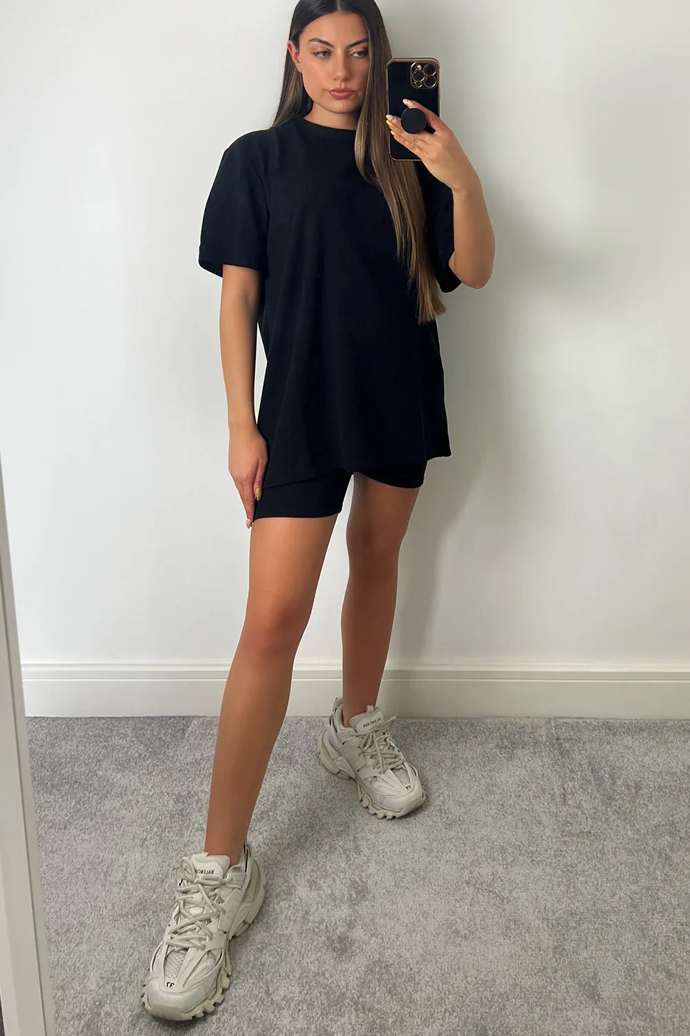 Cindy Black Towelling Oversized T-shirt and Cycling Shorts Co-Ord Set