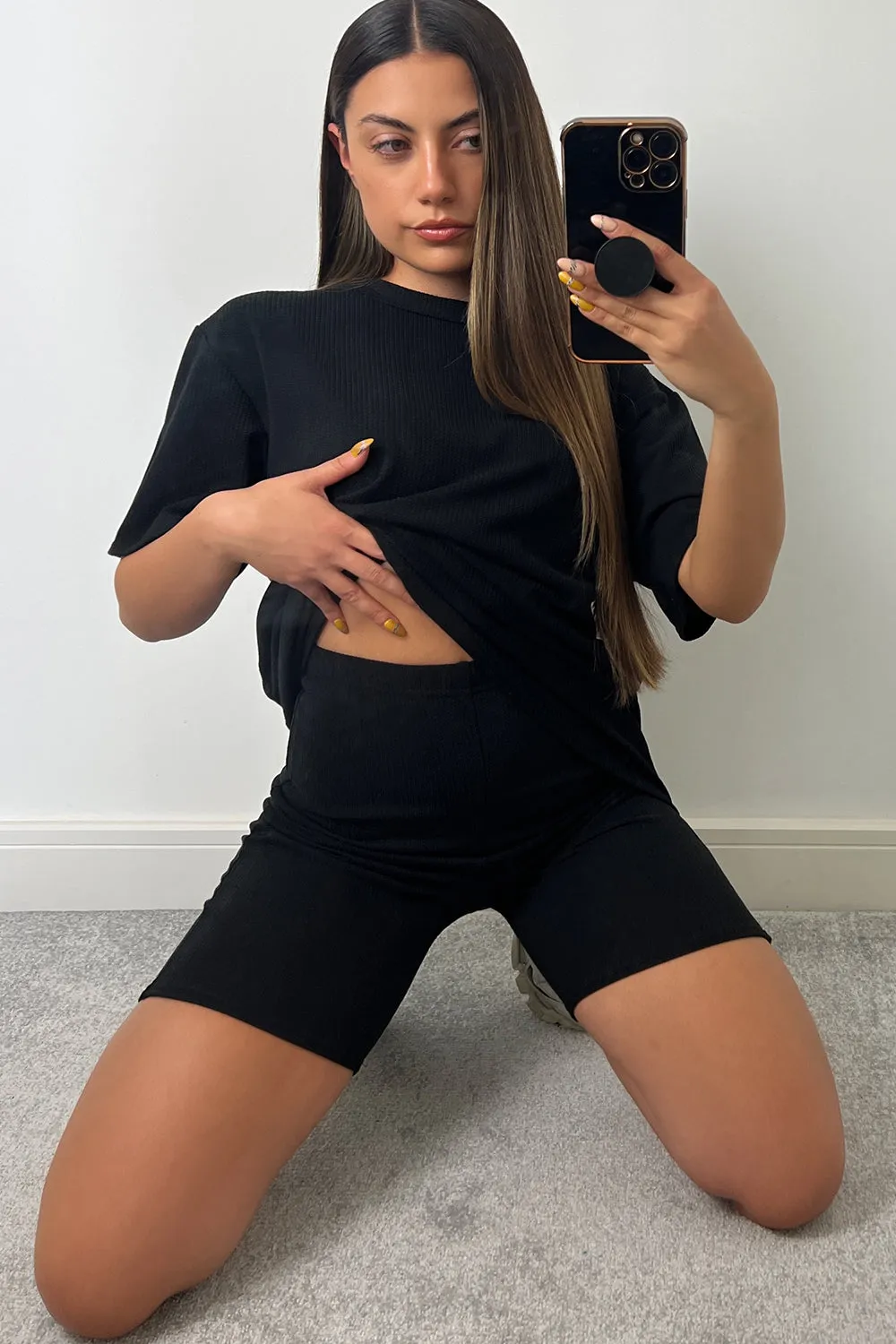 Cindy Black Towelling Oversized T-shirt and Cycling Shorts Co-Ord Set