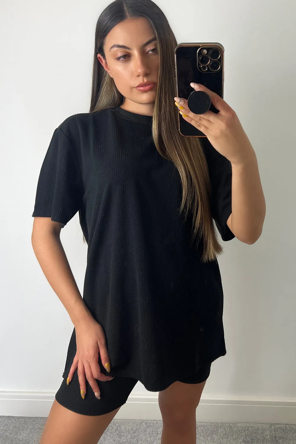 Cindy Black Towelling Oversized T-shirt and Cycling Shorts Co-Ord Set