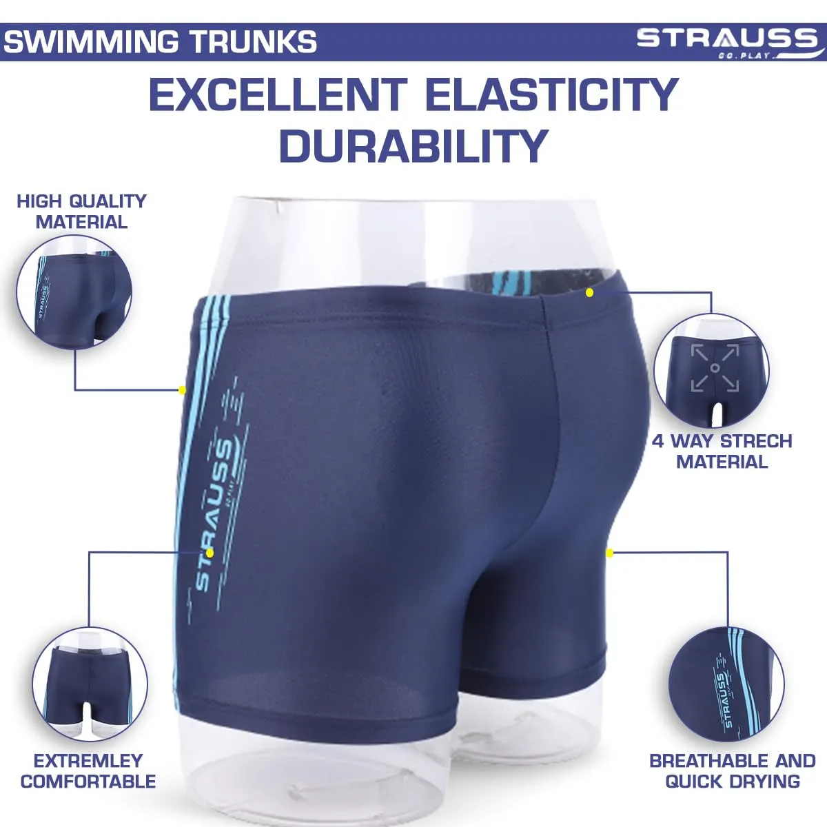 STRAUSS Swimming Shorts | Swimming Trunks for Men | Can Be Used for Gym, Running, Cycling, Swimming, Basketball, Cricket, Yoga, Football, Tennis, Badminton & More | Size: XL,(Blue Lines)